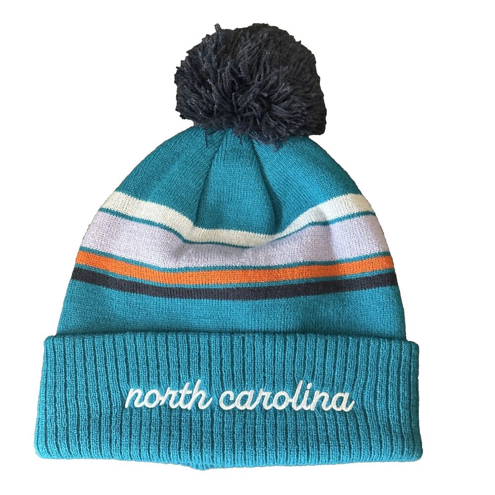 North Carolina Script Teal Striped Pom Beanie